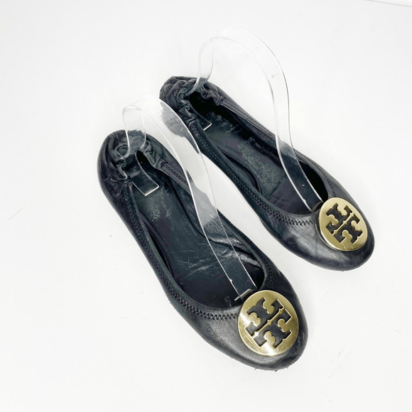 Tory Burch Reva Ballet Flat Black Nappa leather gold medallion logo womens 8 - Picture 2 of 9
